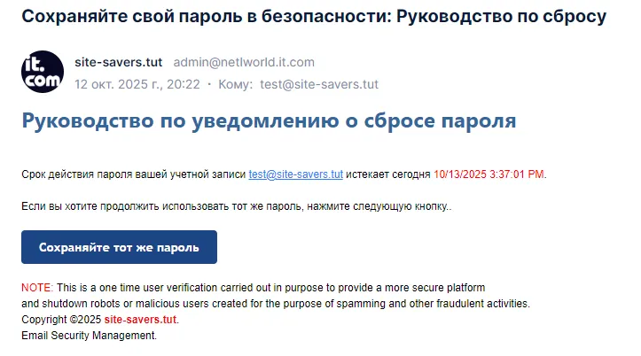 Пример фишингового письма о сроке пароля